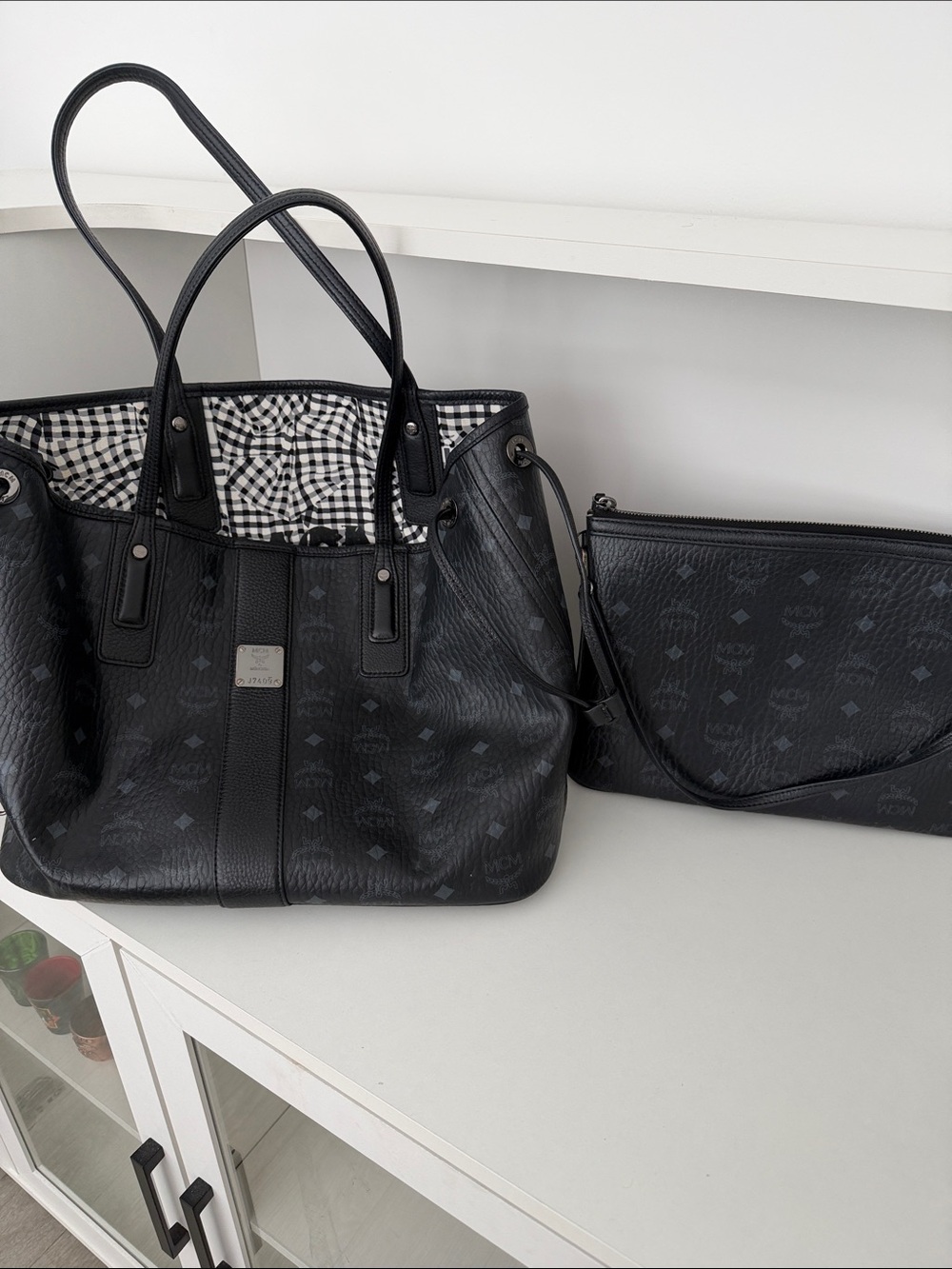 MCM Black Logo-Print Leather Tote with Matching Pouch
